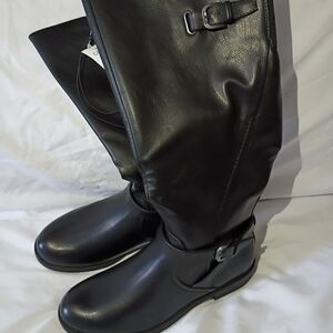 BareTraps Black Heeled Boots with Decorative Buckle Straps